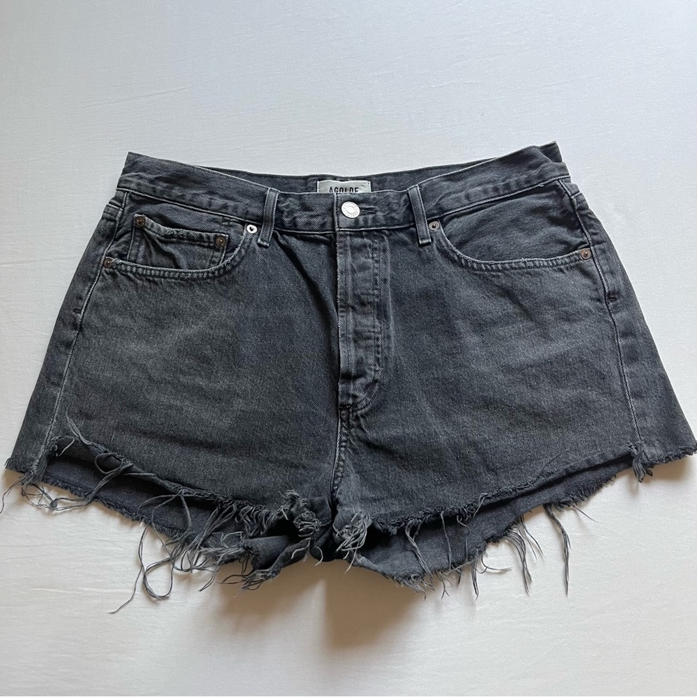 AGOLDE Parker cotton black high rise raw fray cutout denim jean shorts